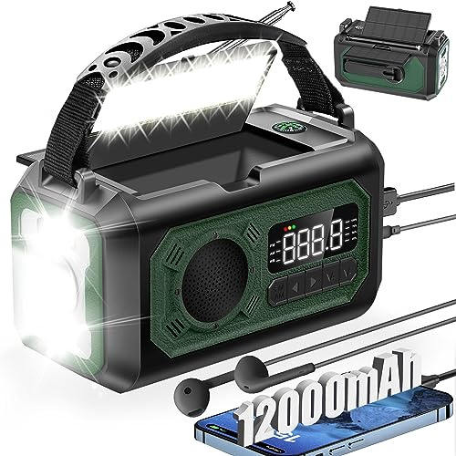 12000 mAh Notfall-Wetter-Radio, Handkurbel-Radio, Solar-Radio, tragbares AM/FM/NOAA-Radio mit 2 Sonnenkollektoren, 3 Lademethoden, SOS-Alarm, 3 Modi, Taschenlampe, Handy-Ladegerät, Kompass, Leselampe