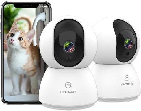 ANTELA 1080P Telecamera Wifi Interno Interne 2PCS, 2,4/5GHz Wifi, 355°/90°, Audio a 2 vie, Visione Notturna IR, Rilevamento del Movimento, Compatibile con Alexa/Google Home(2pcs)