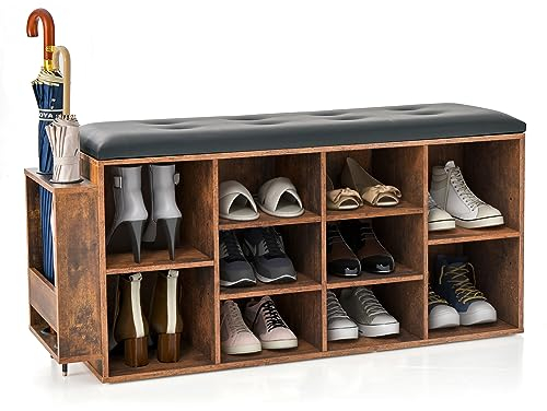 RELAX4LIFE Schuhbank Gepolstert, Sitzbank mit Schirmhalter & 10 Fächern, Betttruhe mit Abnehmbarem Kissen & Verstellbaren Ablagen, Sitztruhe mit Stauraum, Vintagebraun-Schwarz