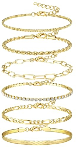 JeweBella 6 Stück Kette Armband Gold Damen 14 Karat Vergoldet Edelstahl Armband Set Verstellbar Twist Figaro Tennis Armbänder Set Armkette Modeschmuck Gold Ketten Armbander für Damen Mädchen