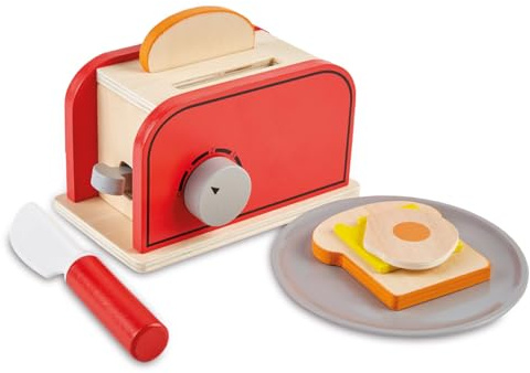 Jocca - Jouets en bois, grille-pain en bois avec accessoires/grille-pain, assiette, chucille, 2 toasts, œuf, fromage/plus de 2 ans/créativité, plaisir et imagination