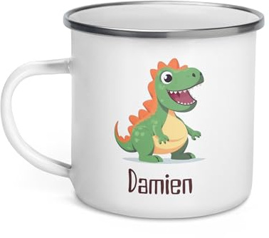 Chatcripant Mug Enfant Personnalisé Animal avec Prénom – Tasse en Céramique 325 ml – Cadeau Enfant (Blanc - Dinosaure, Gobelet en Acier Émaillé)