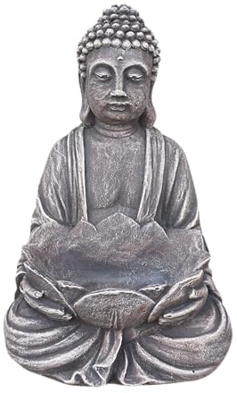 gartendekoparadies.de Buddha mit Lotusblüten Schale, Steinfigur, H. 30 cm, 6 kg, frostsicher aus Steinguss für Außenbereich (Mehrfarbig)