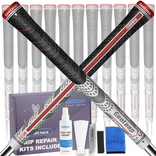 Geoleap Golf Club Grips Set of 13 - Textured, Standard/Midsize - Pro Kit with 15 Tapes, Solvent, Clamp, Hook Blade & Towel