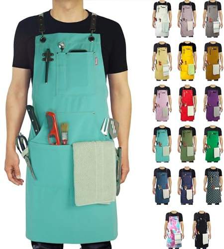 Stenffy Kitchen Apron, Work Apron, Canvas, Multiple Pockets, Gardening, Painting, BBQ, Carpenter, Artist, Sizes M to XXL, Ice Blue