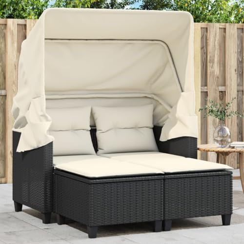 Homgoday Gartensofa 2-Sitzer mit Dach und Hockern Gartenlounge Set Balkonsofa Rattansofa Gartensofa Loungesofa Terrassensofa Lounge Sofa Sitzgruppe Gartenset Schwarz und Cremeweiß Poly Rattan