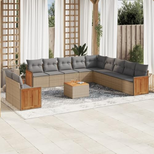 Rantry 12-TLG. Gartenmöbel Set mit Kissen Gartensofa Gartenlounge Balkonmöbel Loungesofa Ecksofa Rattansofa Ecklounge Sitzgruppe mit Gartentisch Loungemöbel Beige Poly Rattan