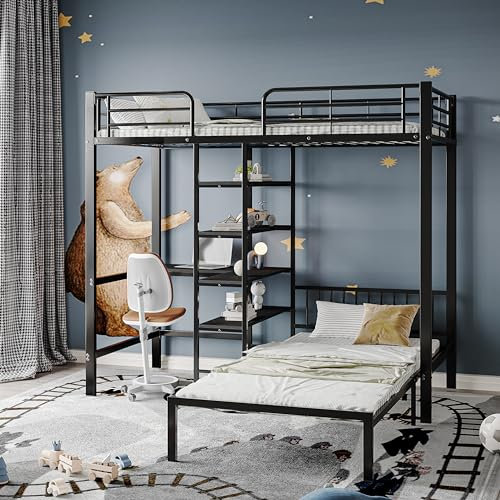 Cama con marco de hierro, litera con mesa y estantes, adecuada para niños y adolescentes, con escalera de cinco niveles, cuatro rejillas laterales en la cama superior, negro, 90 x 200 cm