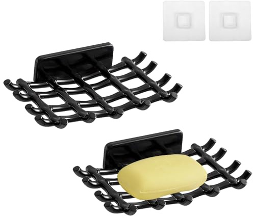 Fhioevt 2 Stück Seifenhalter Ohne Bohren Seifenschale Dusche Selbstklebend Seifenablage Wandmontage Kunststoff Seifen Halter Ablauf Seifenkorb für Badezimmer Küche Waschbecken Theken (Schwarz)