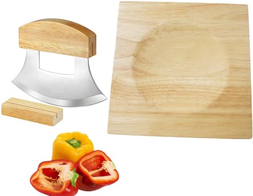 TLIOCAS Alaska Ulu Knife Mezzaluna Cutter n Chopping Bowl Set,Mezzaluna Mincing Chopper with Base n 7inch Recessed Cutting Board