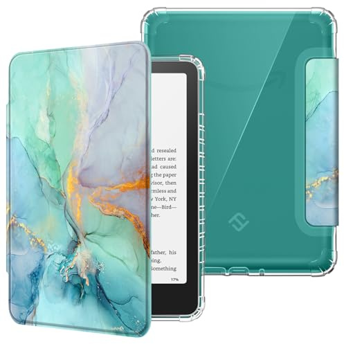 Fintie Hülle für 7 Kindle Colorsoft Signature Edition 2026 | Kindle Paperwhite/Paperwhite Signature Edition(12. Generation), Transparent TPU Case, Auto Sleep/Wake, Smaragd Marmor