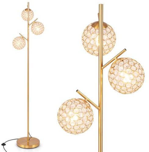 COSTWAY Lampadaire sur Pied Salon, Lampadaire à 3 Globes avec Abat-jour, Interrupteur au Pieds, Lampe sur Pied, 3 Culots d’ampoules E27, Poteau en Métal, pour Salon Chambre, Or