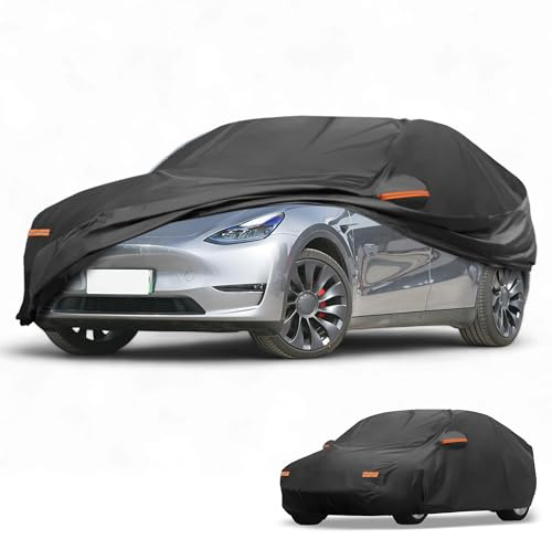 Partuto Aluminum Film Full Car Cover for Tesla Model Y with Zipper | All-Weather Waterproof, UV-Resistant Outdoor Full Cover, Right Side Zipper, Black