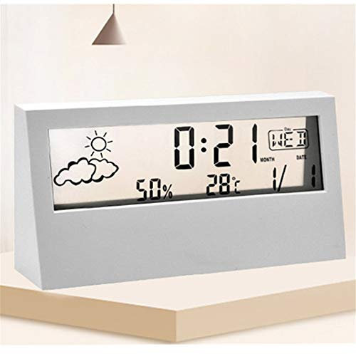 RUHEN Reloj Despertador para Estudiantes con estación meteorológica, Reloj con pronóstico del Tiempo Transparente con LED, termómetro Digital, higrómetro, Pantalla HD, Radio Despertador