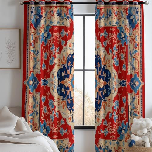 Vorhänge Blickdicht Traditionell Weinrankenrand, Verdunkelungsvorhänge H 215 x B 91.5 cm (2er Pack) Dekor für Wohnzimmer Kinderzimmer Schlafzimmer, Vorhänge Kälteschutz Rot mit ösen
