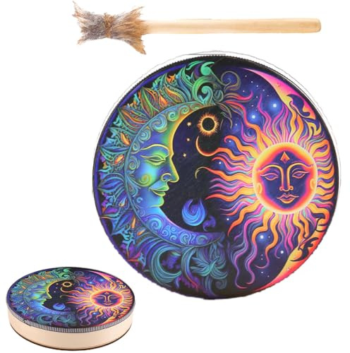 Tamburo sciamano fatto a mano - tamburo a mano autentico, tamburi bastone sciamano tamburi a mano | Tamburo a mano Design della decorazione con tamburo, tamburi sciamano in legno, colore retrò po