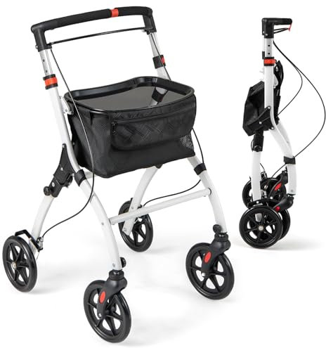 COSTWAY Rollator Schmal für Wohnung, Indoor Wohnungsrollator, faltbar und leicht, inkl. Tablett, Korb, 4 Rädern & Bremsen, 5-Fach höhenverstellbar, Gehhilfe für Senioren Verletzte, Weiß und Schwarz