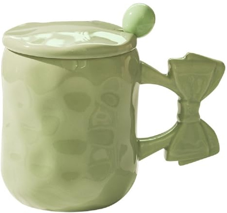 Huiyiwert Carina tazza da caffè da 450 ml, grande tazza da caffè con coperchio e cucchiaio, graziosa con fiocco, in ceramica, idea regalo per donne e fidanzate (verde)