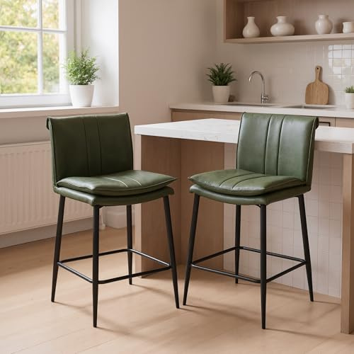 chairus Moderne Barhocker 2er-Set, Armlos & Metallbeine, PU-Leder/Grün | Gepolsterte Barstühle mit doppelten PU-Lederbezugten Polsterungen und Fußstütze, für Kücheninsel, Wohnzimmer oder Esszimmer