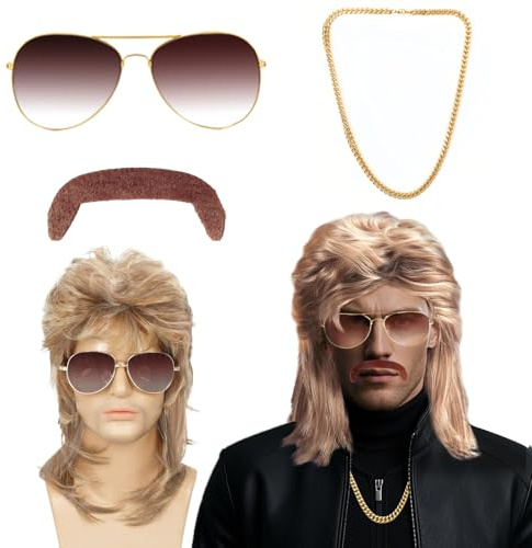 Vokuhila Perücke Herren Blond 90er 80er Jahre Outfit Accessoires, Blond Perücken, Wig Sonnenbrille Goldkette Bart, Männer Perrücke für Faschingskostüme Karneval Fasching Punk Rock Halloween Party
