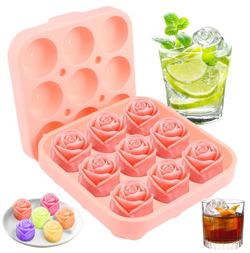 Stampo per Cubetti di Ghiaccio in Silicone, Vassoio Per Cubetti Di Ghiaccio A 9 Cavità In Silicone 3d Rose Con Coperchio Per Cocktail A Base Di Whisky