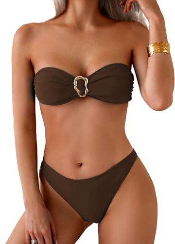 Fanuerg Trägerloses Bandeau-Bikini-Set für Damen, Ring-Raffhalter, Zweiteiliger Badeanzug, hoher Schnitt, freche Badeanzüge, Braun, Medium
