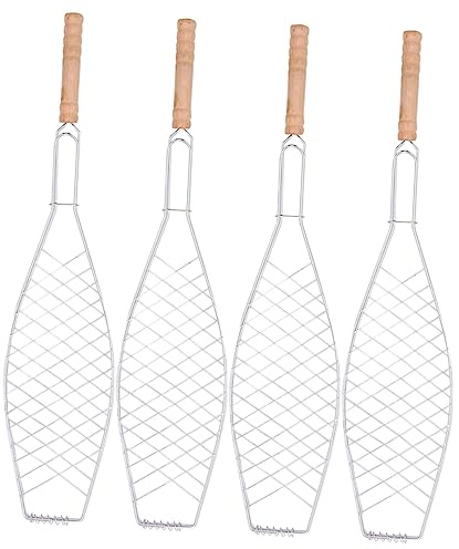 Toddmomy 4 Pcs Iron Grilled Net Wooden Handle and Fish Grill Clip Barbecue Bbq Tool for Outdoor Camping Picnic Fish Barbecue Basket Mesh Clip