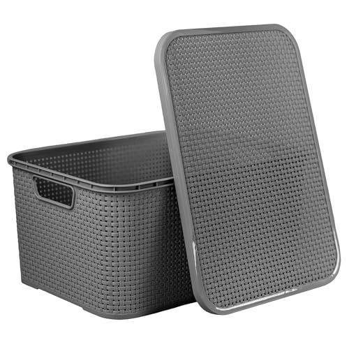 EDANTI Cesto portaoggetti in rattan con manici, coperchio, per la casa, per il bagno, la cucina, i cestini in plastica 19 l (antracite)
