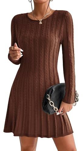 HOTOUCH Winter Jumper Dresses for Women UK Dress Knitted Cocktail Sweaters Casual Crew Neck Mididress Fall Brown L