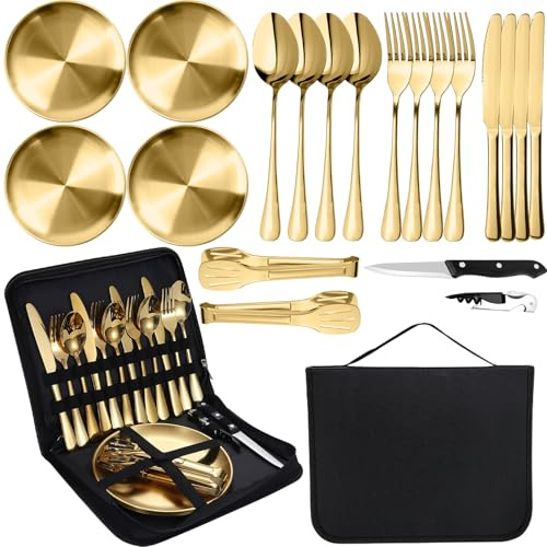 MORAINJAY Set di stoviglie da campeggio per 4 persone, 20 posate da campeggio portatili, in acciaio inox, per picnic, viaggi, inclusa borsa riutilizzabile per posate dorata, forchette, coltelli