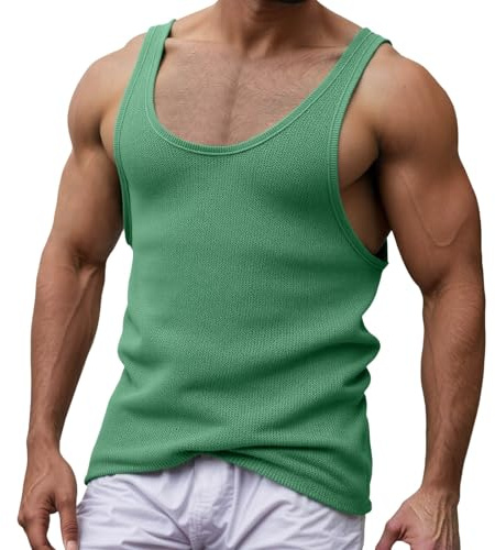 Vhersily Débardeur de sport pour homme, sans manches, séchage rapide, côtelé, fin, pour fitness, course, t-shirt fonctionnel, musculation en coton, polyvalent combiné avec short, vert, L