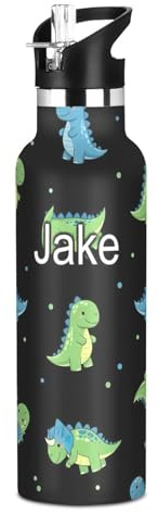 Botella de agua personalizada para niños con pajilla, a prueba de fugas, botella de agua deportiva para niños y niñas, 20 onzas, sin BPA, lindo dinosaurio negro