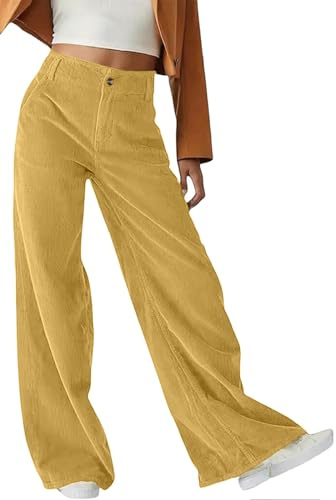 Yutdeng Pantaloni in Velluto a Coste da Donna Autunno e Inverno Vintage Eleganti Tinta Unita Pantaloni Larghi Elasticizzati Pantalonis a Gamba Larga con Tasche Casual Pantalone,Giallo,XXL