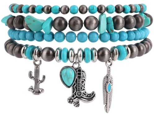Mikovivi 4stk Western-Perlenarmbänder für Damen, Synthetisches Türkis-Boho-Armband Schmuck für Rustikale Konzert-Cowboy-Accessoires
