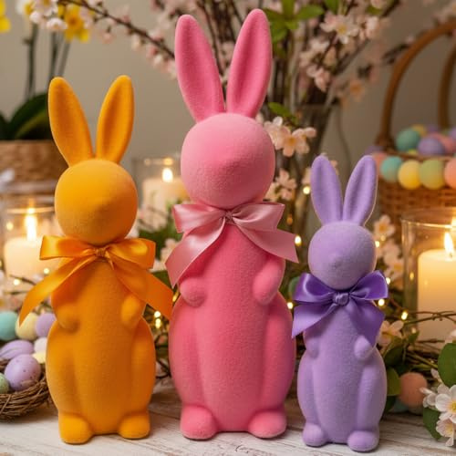 Lanpn Set di 3 Conigli Pasquali Floccati con Papillon, Statuette di Coniglio in Colori Pastello per Decorazioni da Tavolo, Mensole e Casa – Decorazioni Primaverili (Rosa, Arancione, Viola)
