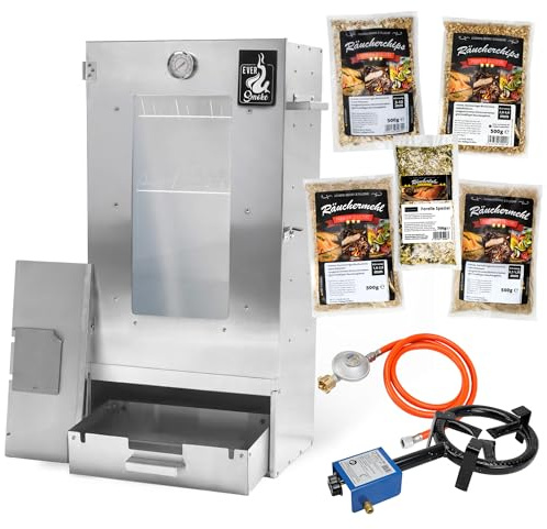 Eversmoke Räucherofen Excellent II Medium – Edelstahl Räucher Starter Set mit Sichtscheibe, Thermometer & Zubehör - Räucherschrank für Fisch, Fleisch & Käse (Starterset + Gasbrenner)