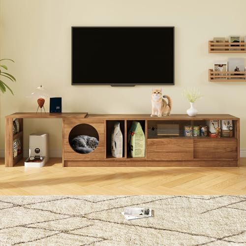 QXJVA Mueble bajo para TV de 180 a 260 cm, extensible, giratorio, aspecto de nogal, armario de televisión con cueva para gatos, solución esquinera, puertas de cristal, aparador vintage para salón