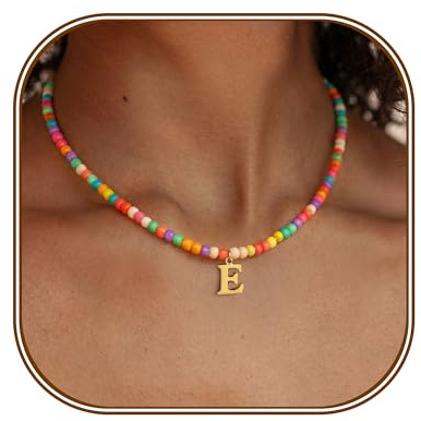 FUNEIA Bunte Perlenkette Damen mit Buchstaben Initial Halsketten Bunte Perlen Charme Buchstabe Alphabet Kette Mädchen Bohemian 18k vergoldet Anhänger mit Y2K Boho Halskette Freundin Frau Kinder