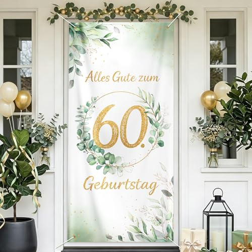 COMOOKA 185x90cm Tür Banner 60 Geburtstag Deko mit Eukalyptus-Kranz Motiv | Tür Deko 60 Geburtstag Mann & Frau, Alles Gute zum 60. Geburtstag Banner & Fotohintergrund, Geburtstagsbanner 60 Grün Gold