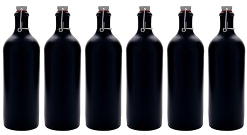Flaschenland Brocca in terracotta da 750 ml, colore nero, con chiusura a leva, set da 6 pezzi, per bevande, oli, aceto, liquori