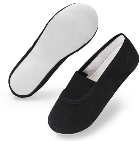 Chaussons de gymnastique unisexes pour fille et garçon - Toile respirante - Semelle en cuir de vachette - Doublure en coton - Avec large bande élastique - Pour enfants - Pour gymnastique et yoga, Noir