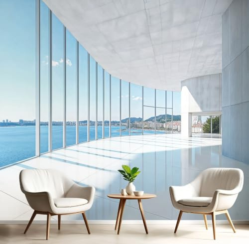 Fotomural Vista De La Ciudad Costera Ventana 200x140cm papel pintado TNT, fotomural panorámico Arquitectura Moderna, Mural de Pared, Decoración de Pared para Salón y Habitación