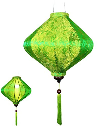 Asiatischer Lampion aus Seide, grün, T Ø 35 cm – Traditionelle Hoian-Laterne aus Stoff, Bambus und Holz, handgefertigt – Handwerk und Dekoration aus Vietnam (T20-V)