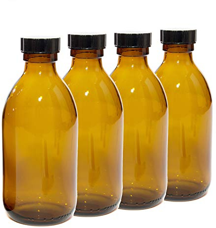 Aura 250ml Amber Glass Bottles with Black Lids - Pack of 4