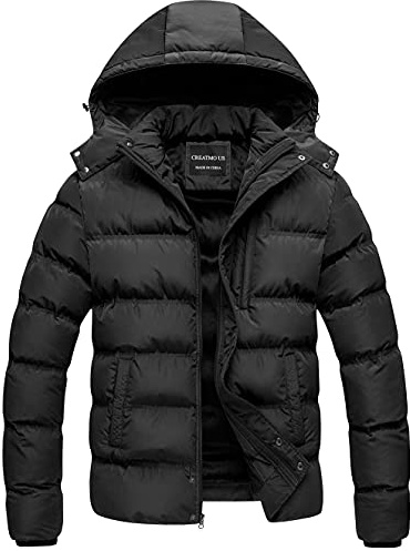 CREATMO US Men's Washed Cotton Hooded Military Jacket Regular and Big Tall Sizes Quilt Traditional Coat Insulated Parka Ultra Loft Water-Resistant Puffer Black L