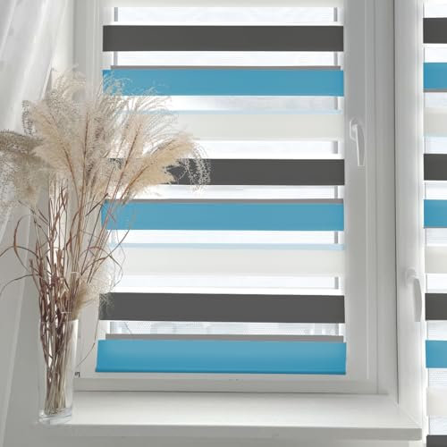 Home-Vision® DuoRollo Klemmfix, Doppelrollo ohne Bohren mit Klämmträgern, DuoRollos für Fenster und Türen (Weiß-Grau-Blau, B80cm x H220cm)