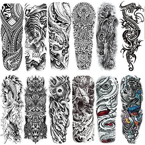 CUTELIILI Halloween Full arm temporary tattoo,12sheets (L19“xW7”) Sleeve Tattoos temporary, Demon Fake Tattoos That Look Real, Tiger Dragon Koi Evil Eyes