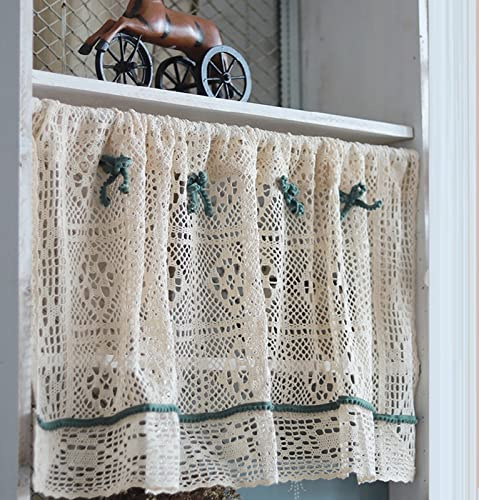 A.Monamour Cortina Cocina Ventana Puerta Corta Pequeña Beige Retro Algodón Lino Hueco Tejer Ganchillo Encaje Visillo Boho Chic Bolsillo para Varilla Panel Cenefa Rustica Bistro para Dormitorio