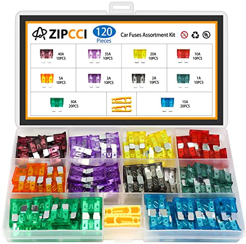 ZIPCCI 120 Pcs Standard Car Fuse, Fuses Assortment kit(1A/2A/3A/5A/10A/15A/20A/25A/30A/35A/40AMP) Automotive Blade Fuse for RV, Truck, Marine, Auto Accessories