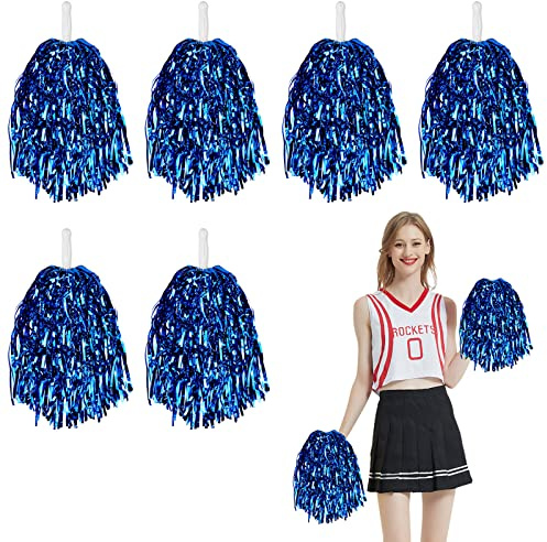 inheming 6 Pack Cheerleader Pom Poms Metallic Foil Cheerleading Pompoms with Plastic Handle,Cheering Hand Flowers for Sports Matches, Stage Performance, Holiday Celebrate - Blue